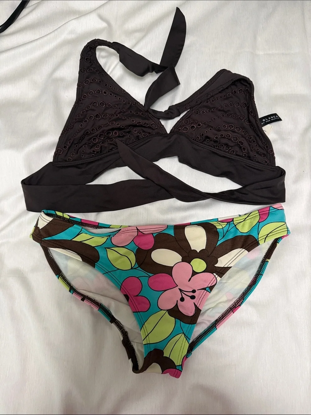 La Blanca Black Eyelet Wrap Bikini Top with Multicolor Floral Bottom